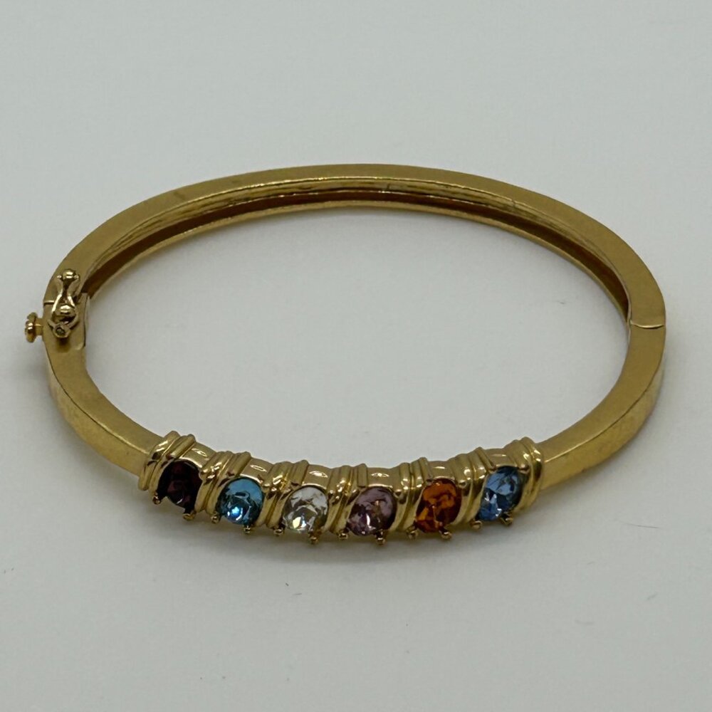 Vintage Gold Tone Bangle Bracelet Rainbow Birthstone Multi-Color Crystals Hinged - Picture 2 of 16